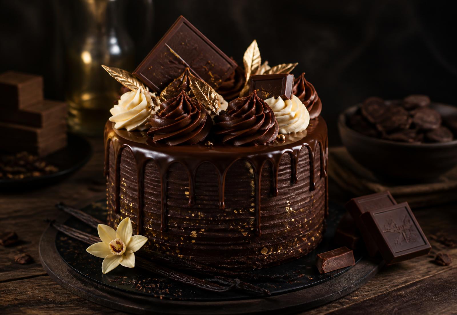 Premium chocolate cake with gold leaf made using DM BakeCraft bakery ingredients